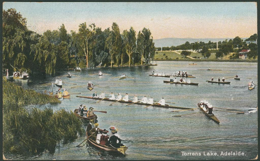 Coloured postcard - rowing crew boats and recreational, c1905