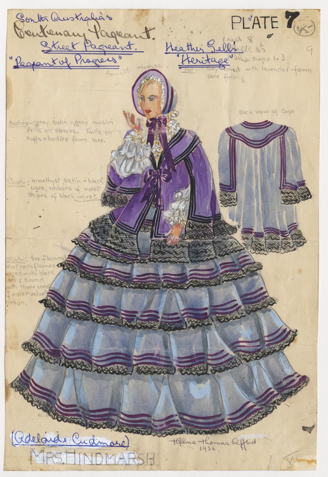 Elaborate costume design for Mrs Hindmarsh in lavendar crinoline dress and purple jacket with matching bonnet and blouse 