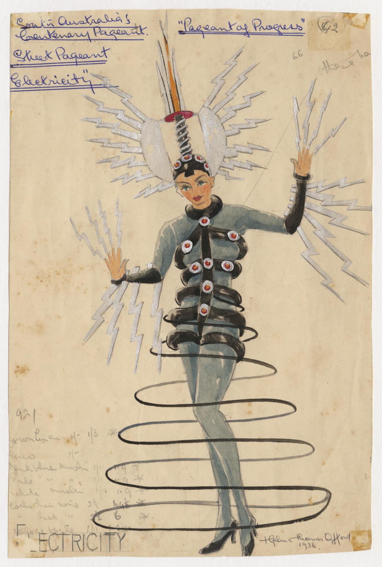 Design for electricity showing woman in grey, silver-gold head-dress, and silver hand extensions with dark wire crinoline