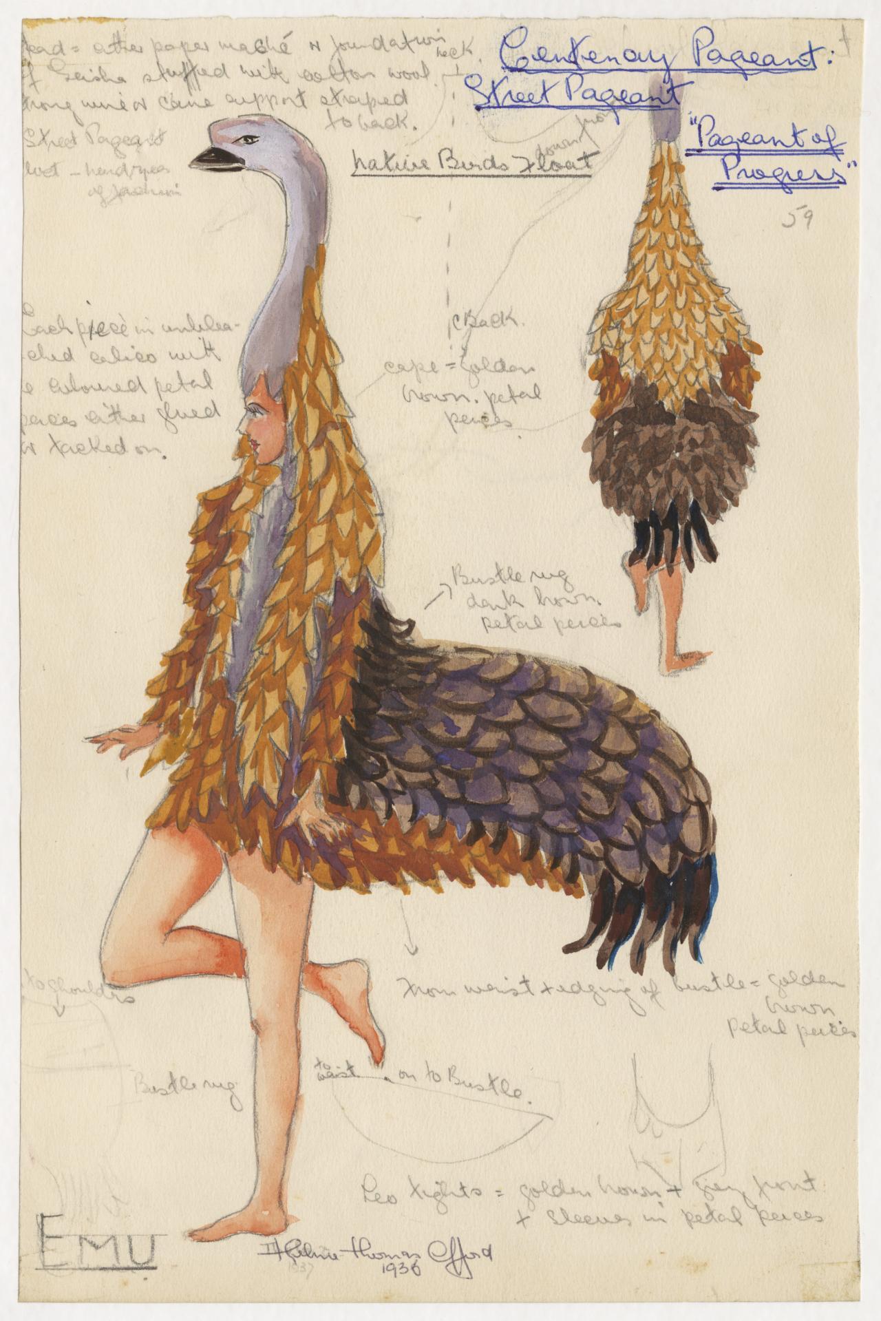 Design for emu costume, gold and brown with long white neck
