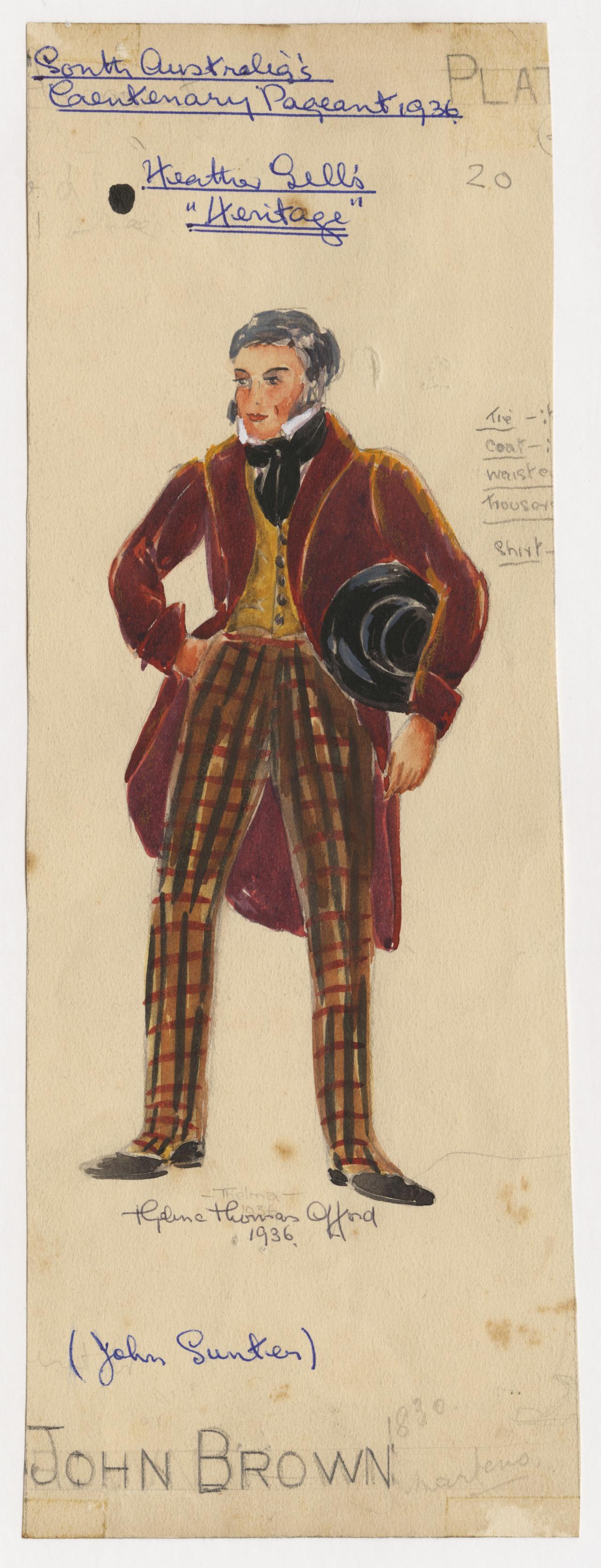 Design for nineteenth century gentleman in chequered trousers, holding top hatndy jacket, holding 