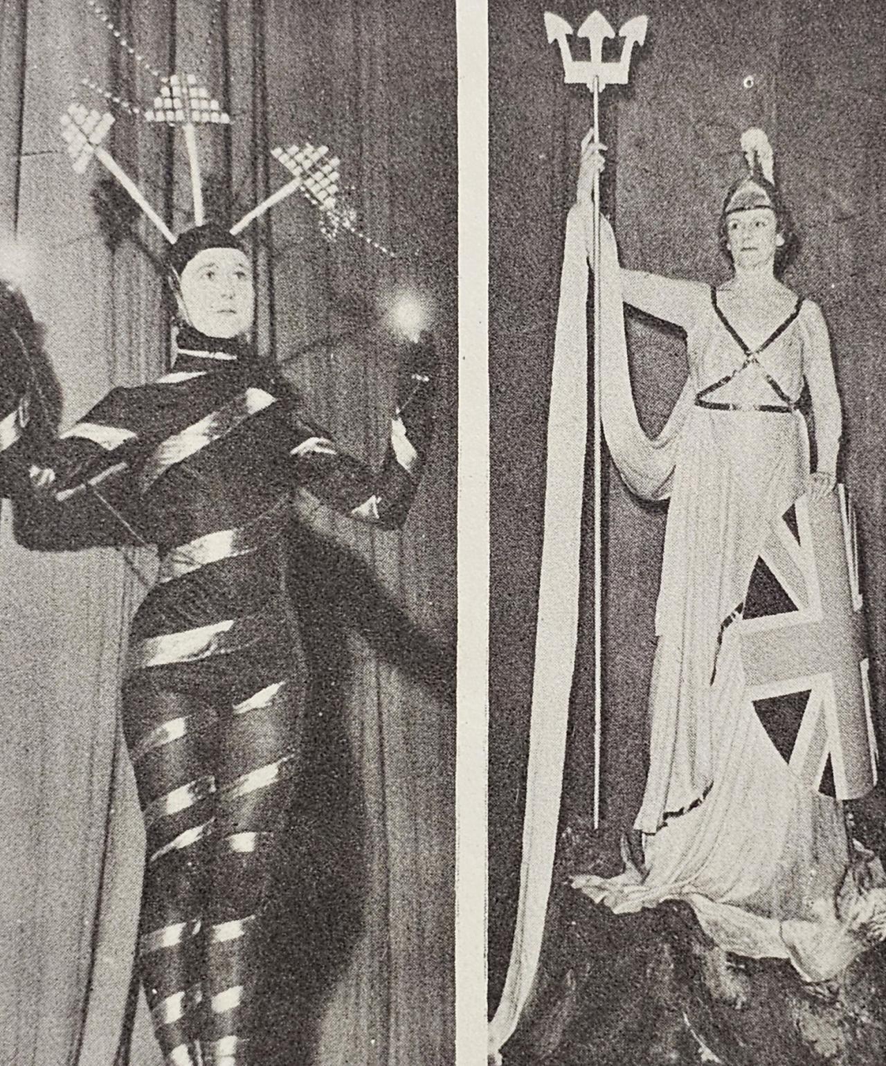 Two women in costume from Heritage production, L. Morse Code; R. Brittania