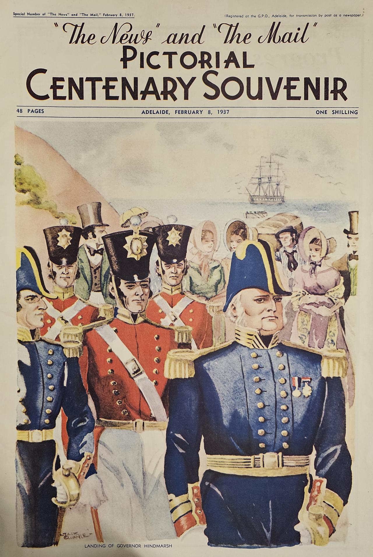 cover of Centenary Souvenir bookle:  Governor Hindmarsh walking in front of procession of red-jacketed soldiers