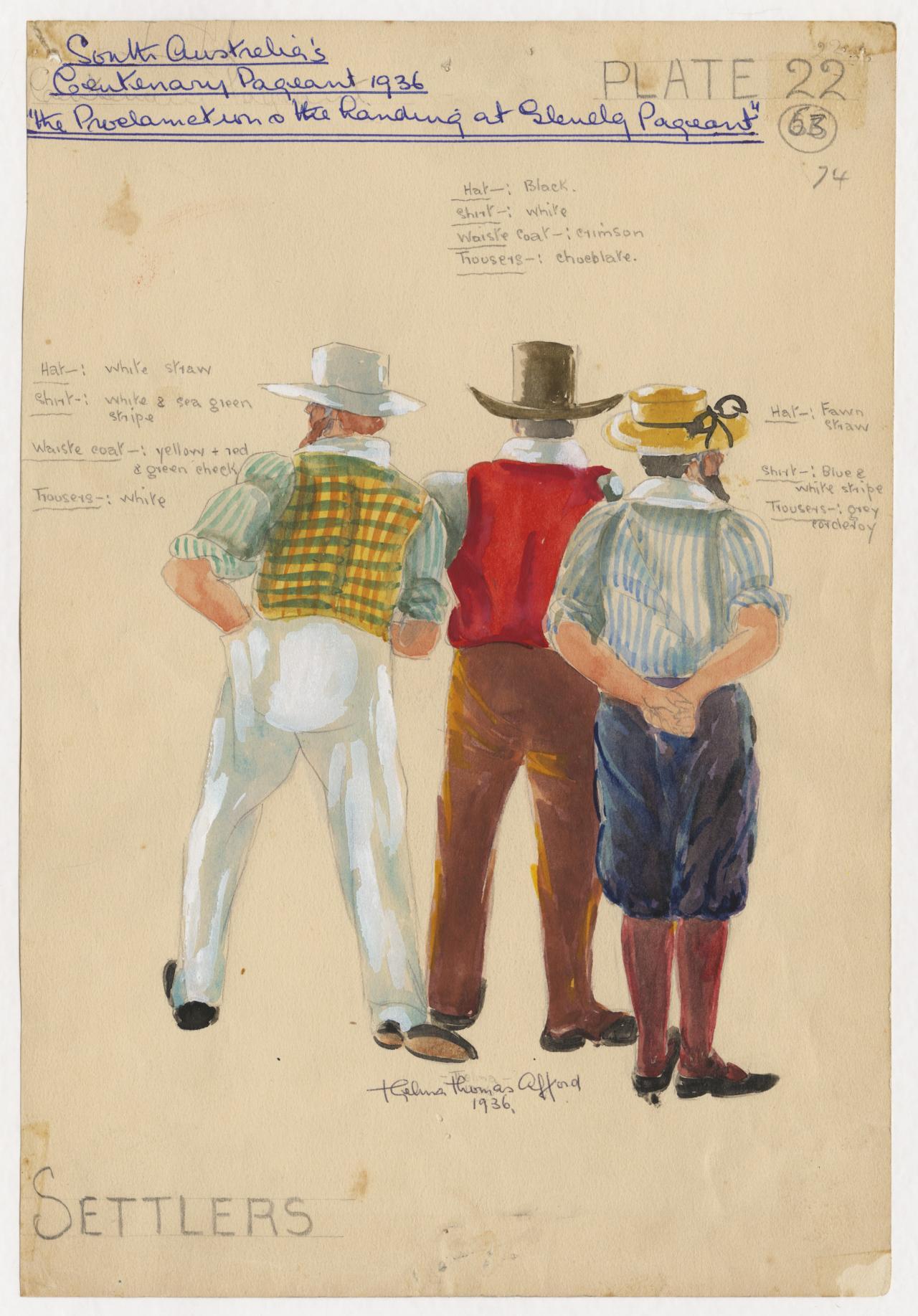 Design for three men in brightly coloured costumes, pictured from back