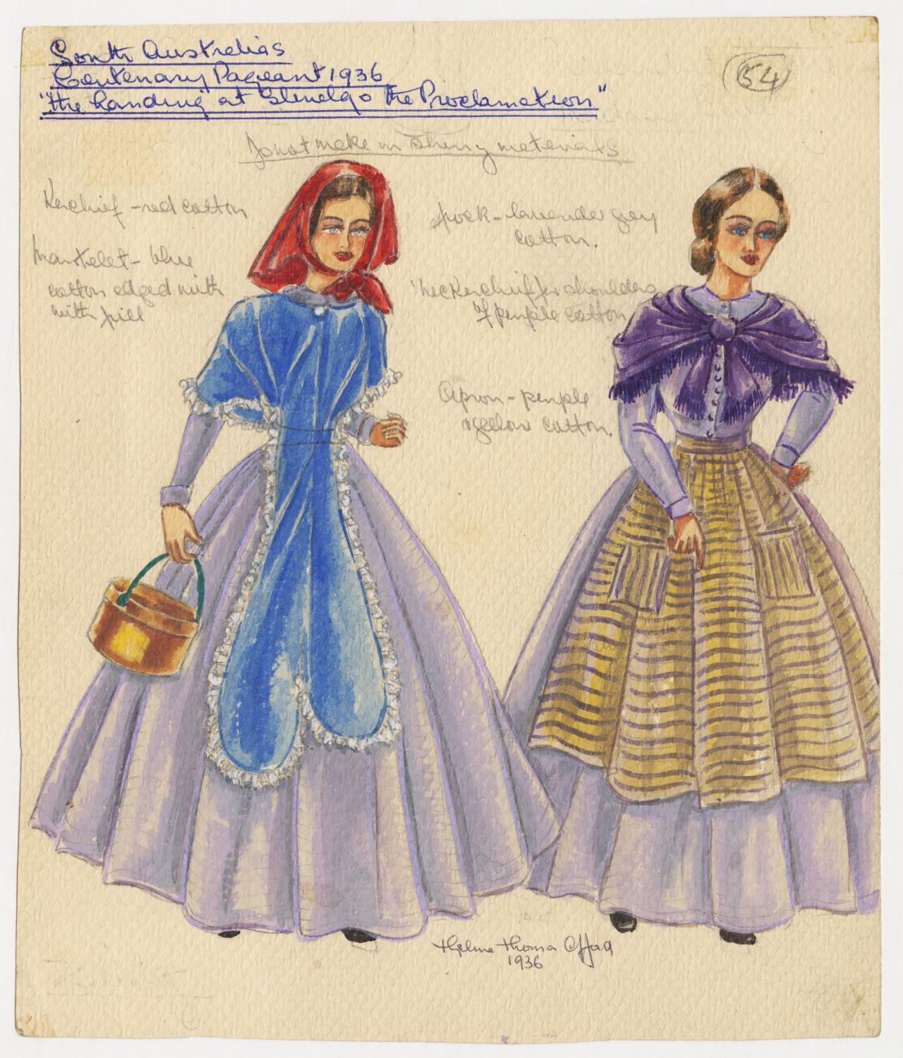 design for two females in long lilac dresses wearing headscarf, shawl and basket