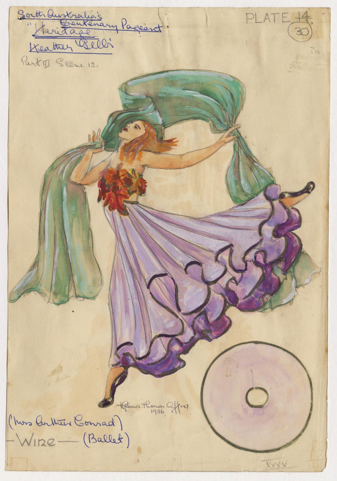 Design shows ballerina in purple skirt with orange bodice and floating green shawl
