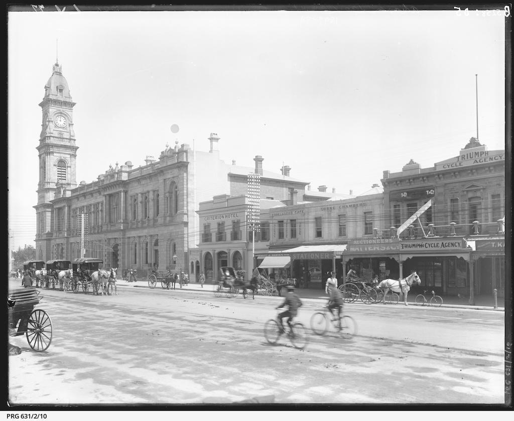 King William Street south of Pirie Street, showing some of the building that might be depicted in the fore-edge painting.SLSA: PRG 631/2/10 