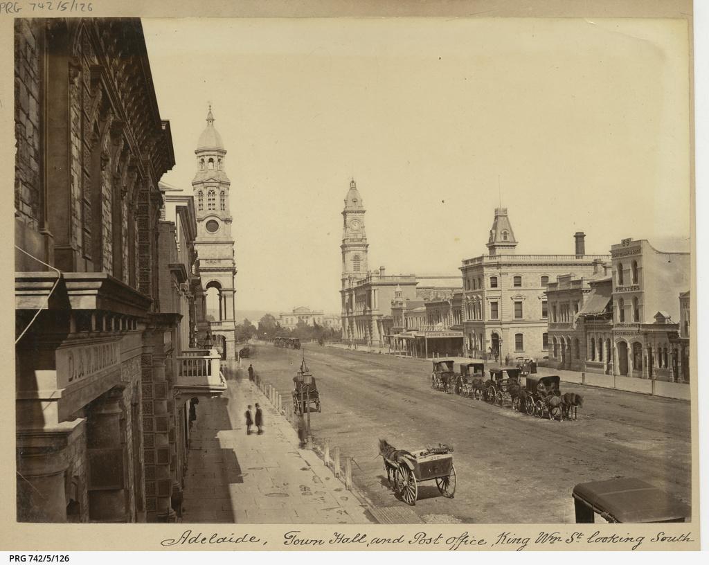 King William Street looking south, 1870. Samuel White Sweet SLSA: PRG 742/5/126 
