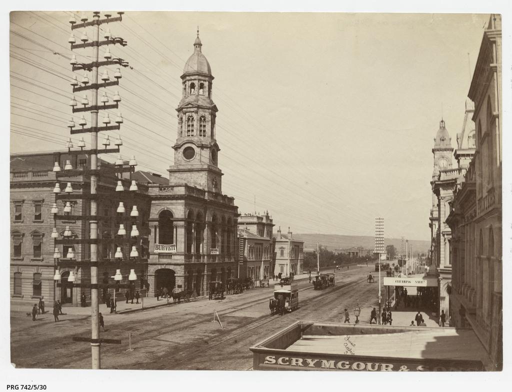 King William Street looking south, 1885. Samuel White Sweet SLSA: PRG 742/5/30 