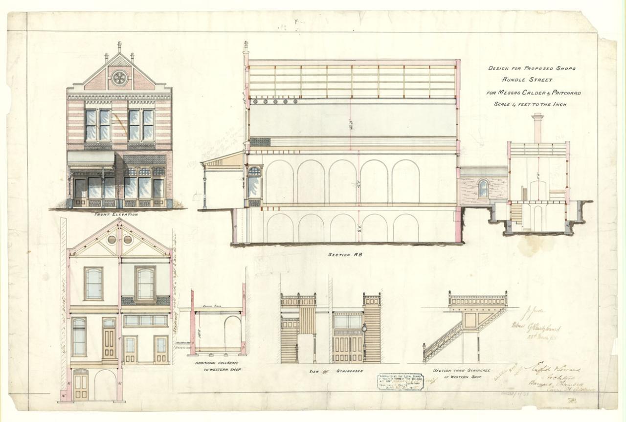 Proposed shops on Rundle Street for Calder & Pritchard. SLSA: BRG 238/1/38