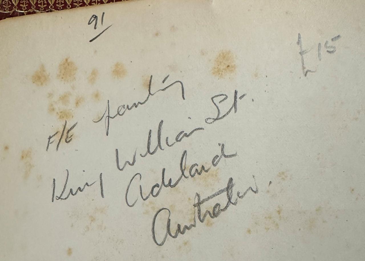 Inscription on a page: F/E family King William St, Adelaide Australia. 15 pounds.