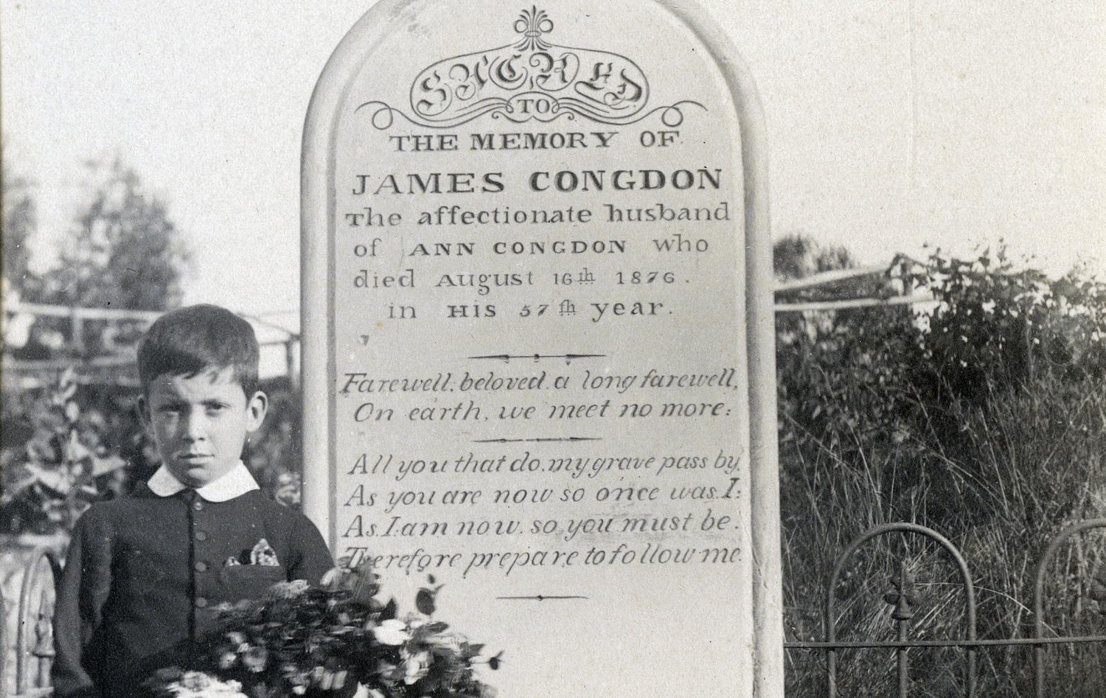 Alfred Congdon, oldest son beside the grave of James Congdon, c. 1868 - 1900 [B 150863/53]