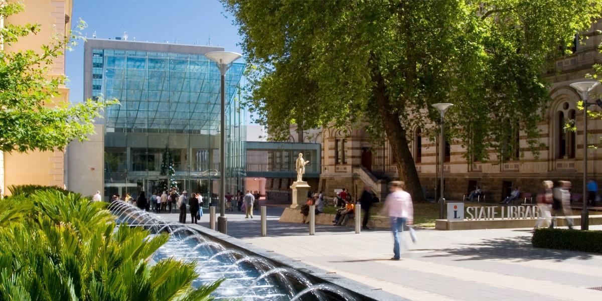 State Library forecourt and Spence Wing entrance