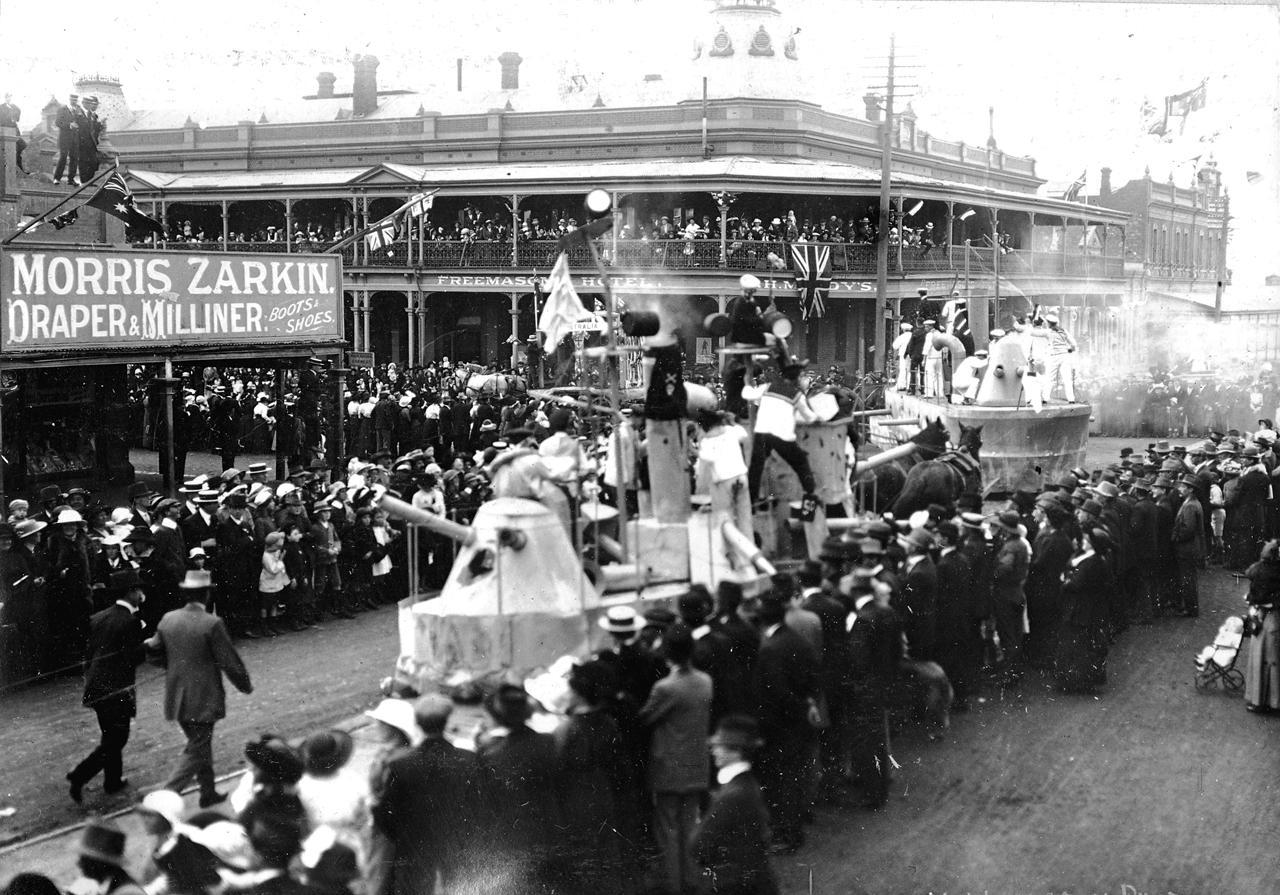 Horse drawn float featured in an Australia Day Parade, Pirie Street, Adelaide 1920. SLSA: PRG 280/1/39/11