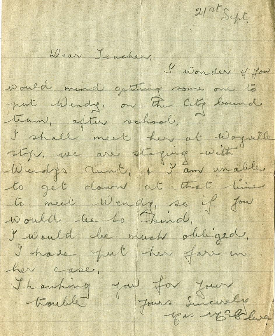 Note from a mother to a teacher, asking for her daughter to be put on the tram