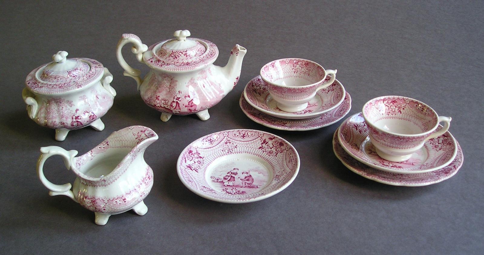 Pink and white child's china tea set, 1890s, children's literature research collection, Box number 30