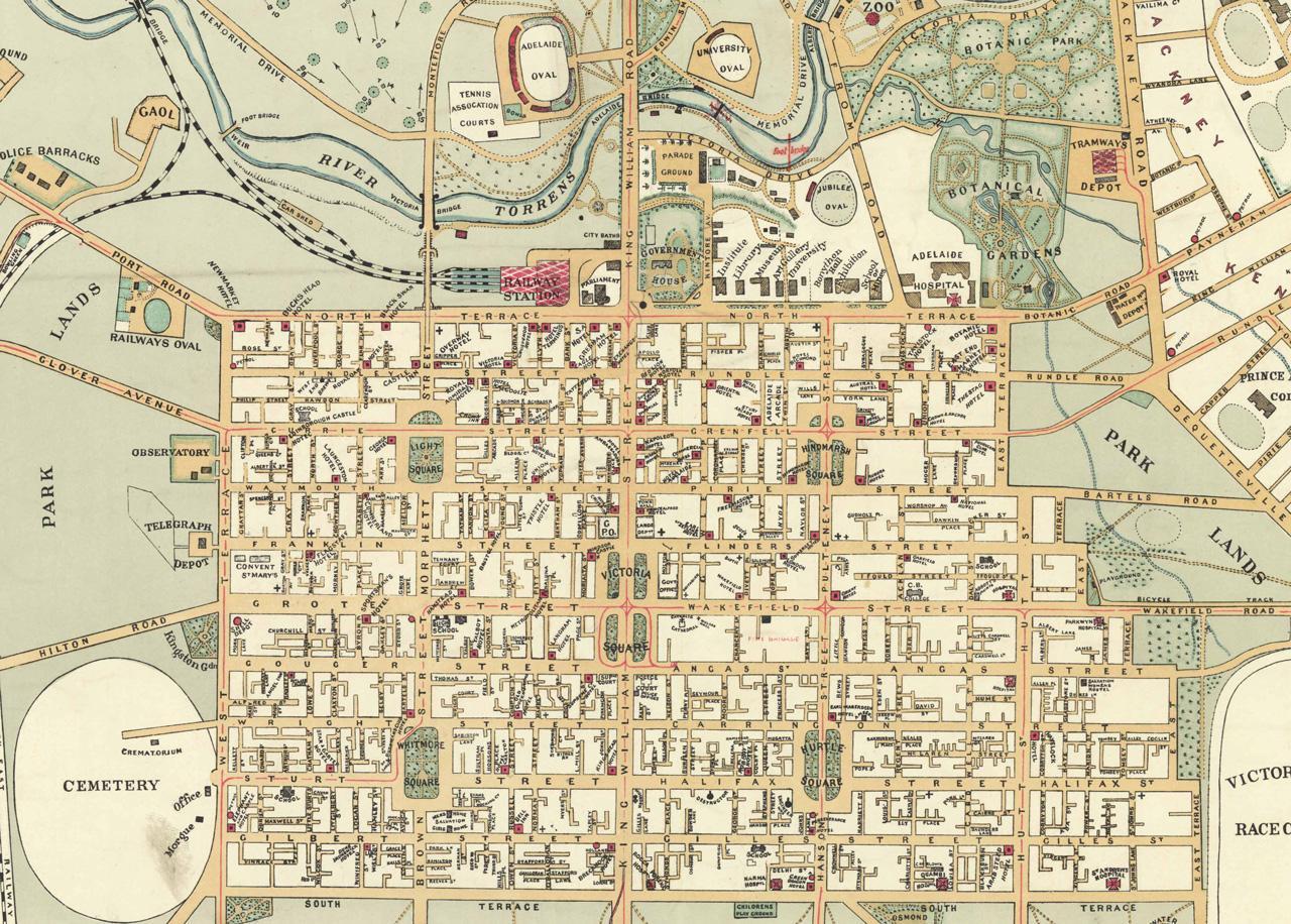 A cropped version of WH Edmunds map of Adelaide. SLSA C228/1 