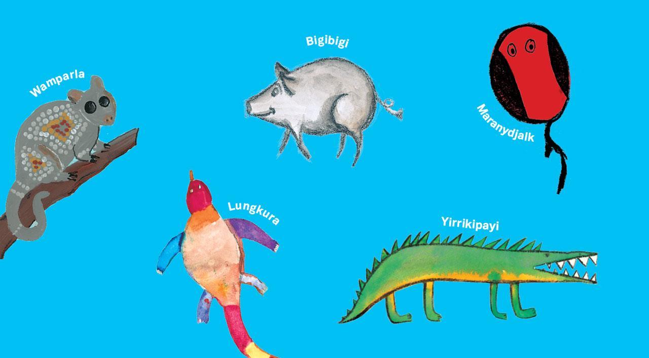 Painting of Australian animals on a bright blue background