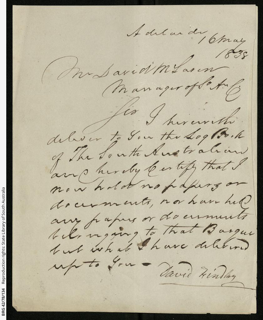 Last page of the logbook for the 'South Australia' barque. SLSA: BRG 42/78/134