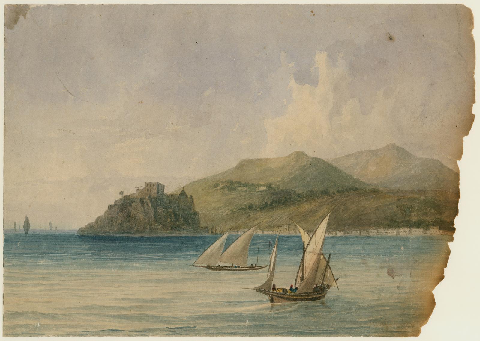 Two boats and fortress on headland by William Light PRG1_5_184