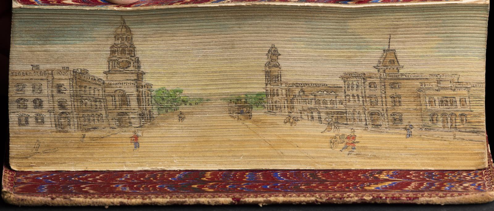 Fore-edge painting on the book: 	The poetical works of Henry Wadsworth Longfellow