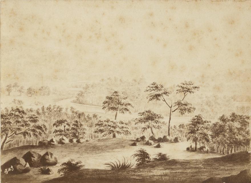 Drawing of a scene showing a river and trees, 1837. SLSA: B 73660