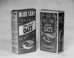 Photograph of ‘Blue Lake’ products: a packet of flaked oats and a box of ‘quick oats’. Arthur Studio, 1958. SLSA: BRG 347/36