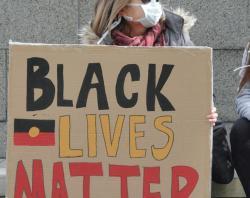 Black Lives Matter sign at the Black Lives Matter - Keep up the fight rally, Tarndanyangga (Victoria Square). [SLSA: PRG 1766/14/28]