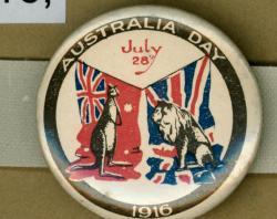 Australia Day badge 1916 showing British lion Australian kangaroo SLSA: PRG/903/1/160