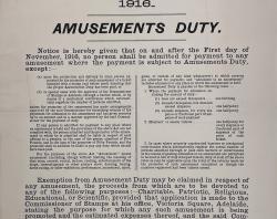 Stamp Act Further Amendment Act, introducing an amusement duty, Poster, 1916.