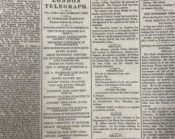 Photo of a section of page 5 of the The SA Register newspaper, that features a copy of the first telegram sent from Adelaide to London via the Overland Telegraph Line on 21 October 1972