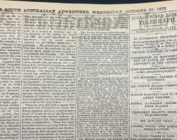 South Australian Advertiser, Adelaide to London telegraph headline, 23 October 1872.