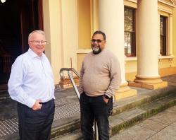 Geoff Stremple and Tim Aguis outside the Institute Building