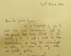 Letter written by J.M. Barrie to Josiah Symons, 1931.