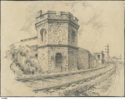 Lithograph of the Adelaide Gaol, looking at the tower entrance across the railway lines by Geoffrey Brown, 1933. SLSA: B 10005  