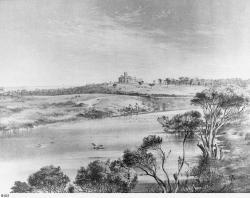View of the residence, Mount Breckan, owned by the Hon. Alexander Hay, seen in the distance across a river. SLSA: B 821 