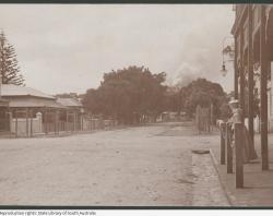 A view of Mount Breckan on fire from a street in Victor Harbor, as a woman watches on, 1909. SLSA: B 17136 