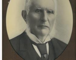 Opalotype portrait of the Hon. Alexander Hay, M.L.C., President 1884-85, with details emphasised with black and white overpainting by Thomas Adcock, 1885. SLSA: B 50607 