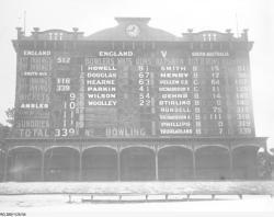 Adelaide Oval score board during a test match between England and South Australia, 1920. SLSA: PRG 280/1/25/34 