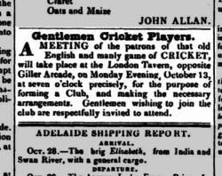 Cricket game advert in the Southern Australian, 3 Nov 1838