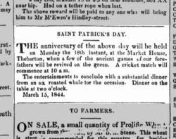 Saint Patrick's Day, cricket match advert, 1844.