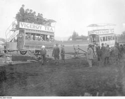 At the Adelaide Oval setting up before the explosion, the old trams are being put on the tracks for the big bang moment. Adelaide Oval SLSA: PRG 280/1/8/439  
