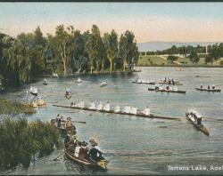 Coloured postcard - rowing crew boats and recreational, c1905