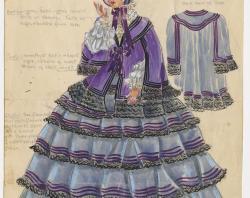 Elaborate costume design for Mrs Hindmarsh in lavendar crinoline dress and purple jacket with matching bonnet and blouse 
