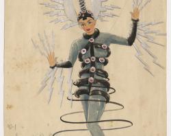 Design for electricity showing woman in grey, silver-gold head-dress, and silver hand extensions with dark wire crinoline