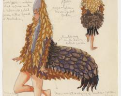 Design for emu costume, gold and brown with long white neck