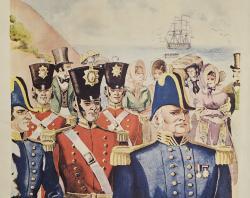 cover of Centenary Souvenir bookle:  Governor Hindmarsh walking in front of procession of red-jacketed soldiers