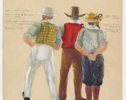 Design for three men in brightly coloured costumes, pictured from back
