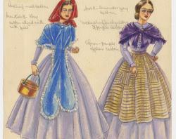 design for two females in long lilac dresses wearing headscarf, shawl and basket