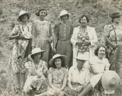 After shooting practice Carrick Hill. Natalia Davies seated third left. Amylis Laffer standing centre. SLSA: PRG 925/13/26